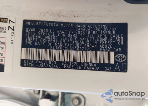 2007 Toyota Matrix Xr from USA, damaged, VIN 2T1KR32E57C667770